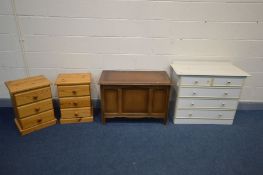 AN OAK BLANKET BOX, pair of pine three drawer bedside cabinets, white painted chest of two over