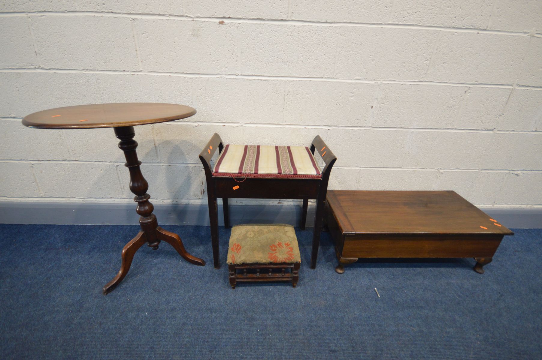 A VICTORIAN MAHOGANY OVAL TRIPOD TABLE, a low mahogany storage box/foot stool, Edwardian piano stool