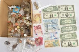 A BOX OF WORLD COINS to include almost thirty pounds sterling coins, around fifty-eight Euro notes