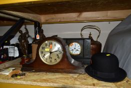 A BOX AND LOOSE METALWARE, CLOCKS, ETC, including a Foster Clothing Company Ltd bowler hat, a 1920's