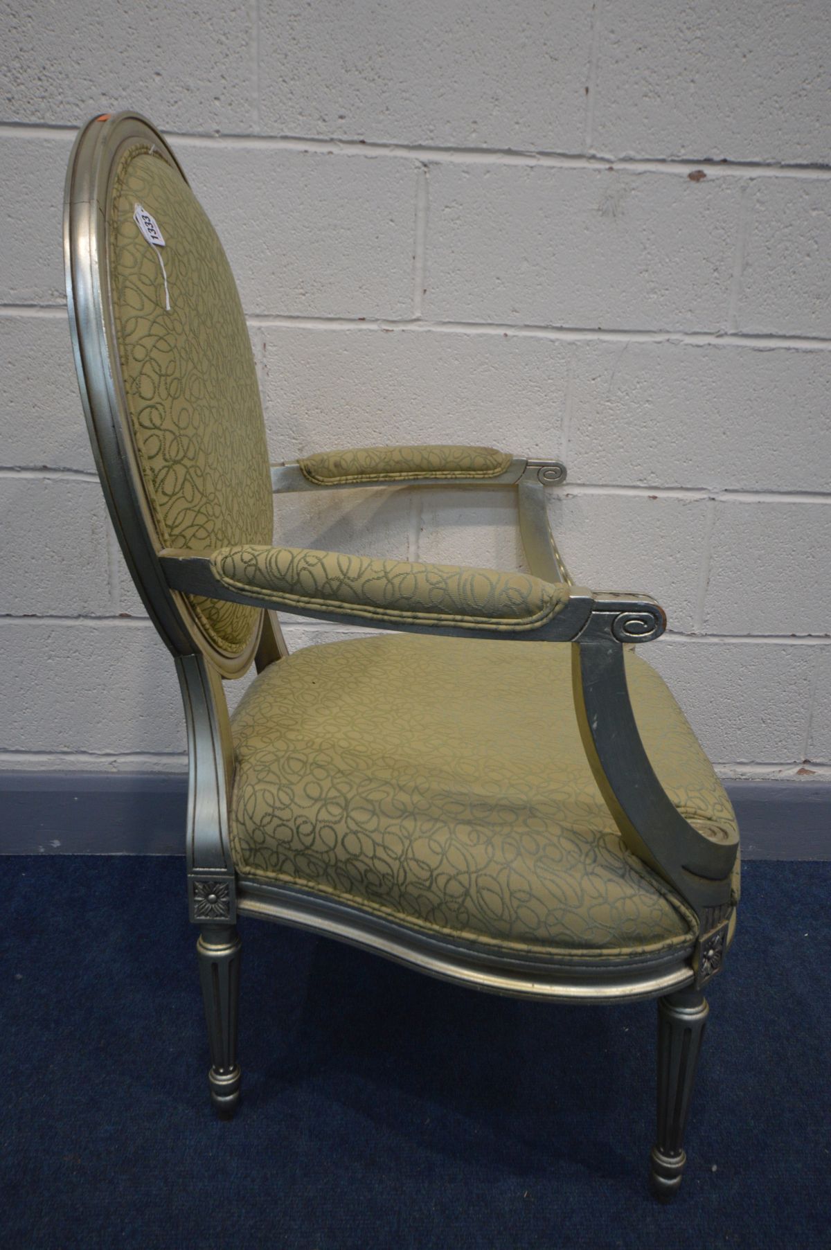 A REPRODUCTION LOUIS XVI STYLE OPEN ARMCHAIR, circular back, silver painted and patterned - Image 3 of 3