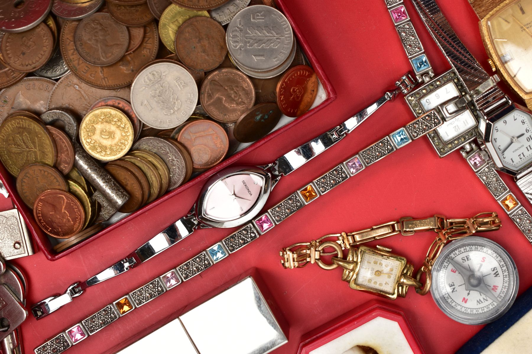 A BOX OF ASSORTED ITEMS, to include a white metal Citrine and marcasite ring, stamped '925', ring - Image 5 of 5