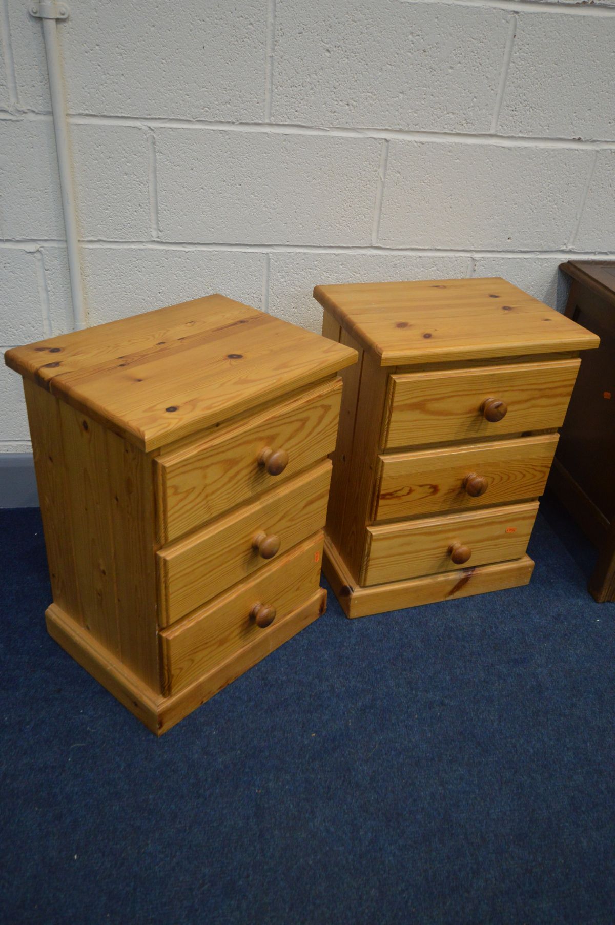 AN OAK BLANKET BOX, pair of pine three drawer bedside cabinets, white painted chest of two over - Image 3 of 3