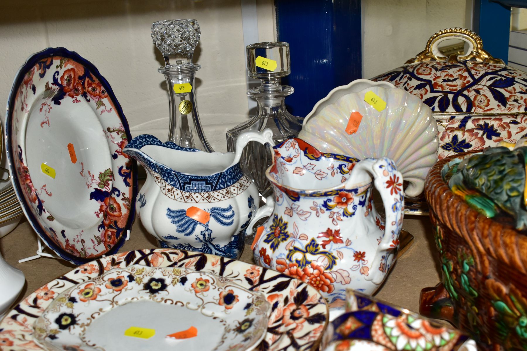 A GROUP OF CERAMICS AND GLASSWARE, including a reproduction majolica game pie dish, an Imari - Image 6 of 11