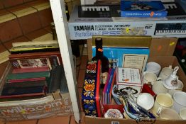 THREE BOXES OF SUNDRY ITEMS ETC, to include a Yamaha Portasound PSS-270 keyboard, Royal
