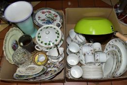 TWO BOXES AND LOOSE CHINA AND SUNDRIES ETC, to include Saxon China 'Jewel' tea wares, Colclough