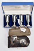 SET OF FOUR EMPIRE PEWTER WEIGHTED 772 CORDIAL SHOT GLASSES, little wear to all, later engraving