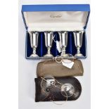 SET OF FOUR EMPIRE PEWTER WEIGHTED 772 CORDIAL SHOT GLASSES, little wear to all, later engraving