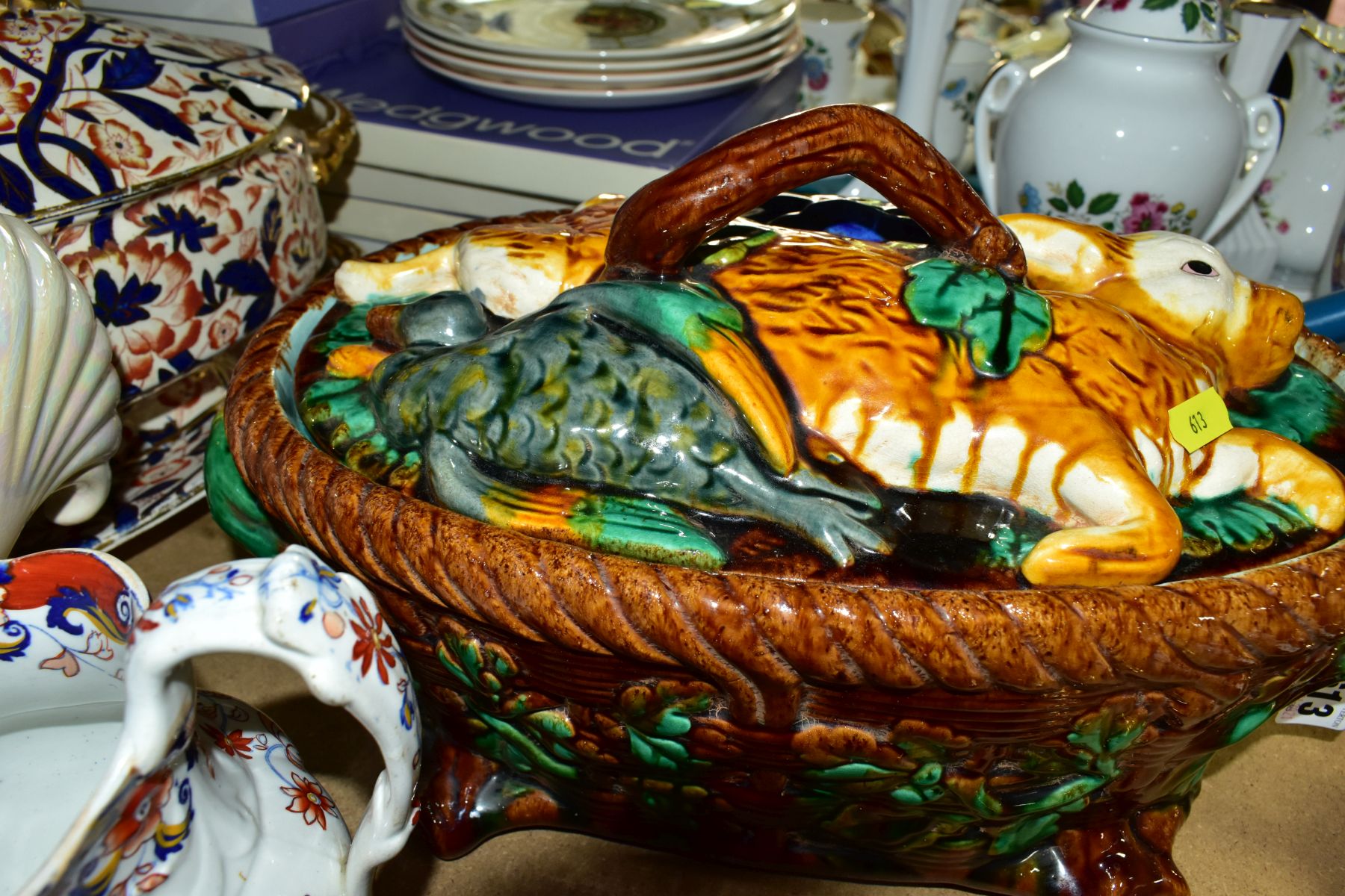 A GROUP OF CERAMICS AND GLASSWARE, including a reproduction majolica game pie dish, an Imari - Image 11 of 11