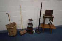 A QUANTITY OF OCCASIONAL FURNITURE, to include a wheeled wicker shopping basket, a vintage push