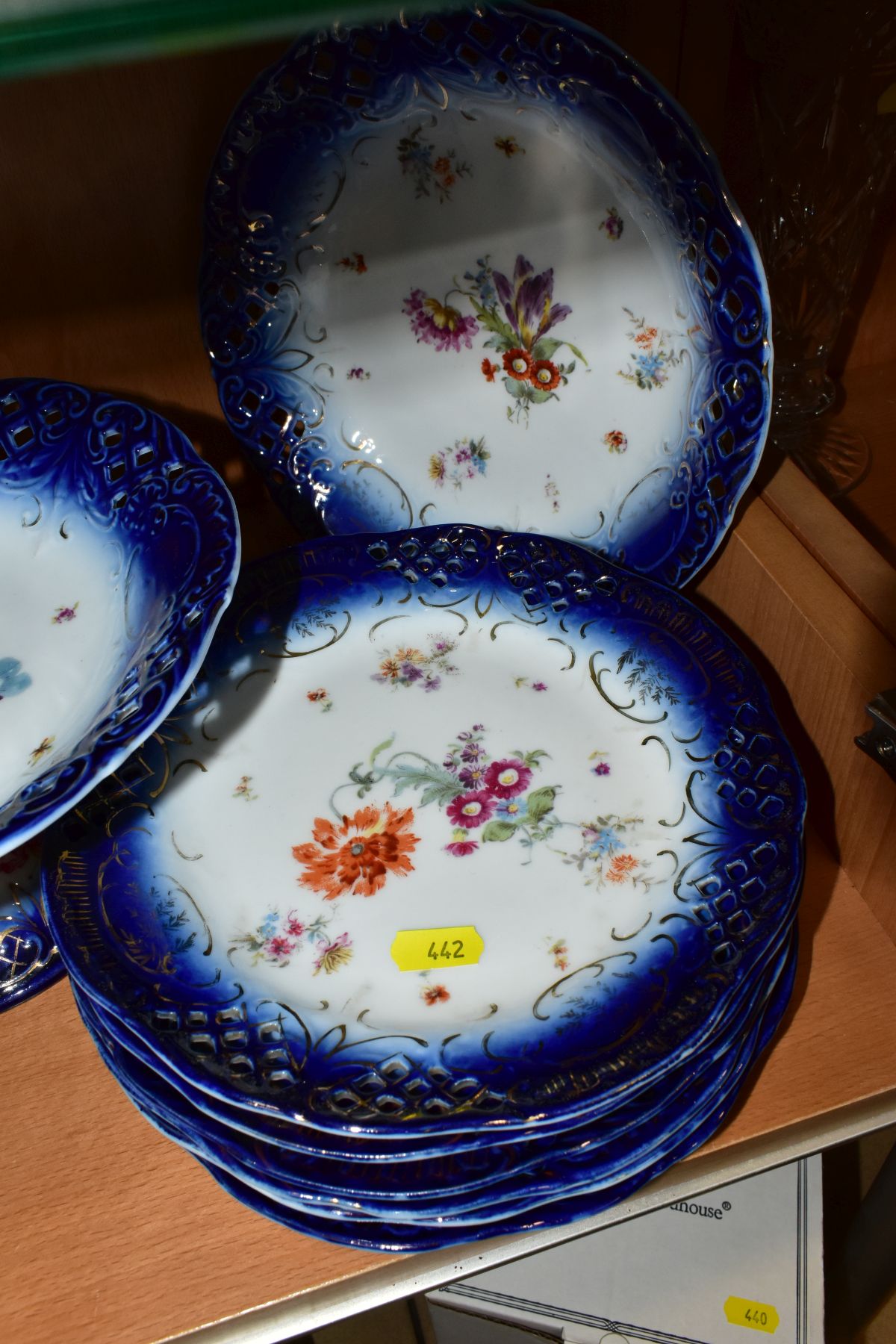 A VICTORIA, AUSTRIA, PORCELAIN DESSERT SET, transfer printed floral design with pierced borders, - Image 3 of 16