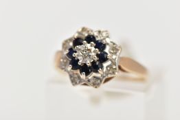 A 9CT GOLD SAPPHIRE AND DIAMOND CLUSTER RING, of tiered design, set with a central single cut