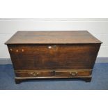 A GEORGIAN OAK MULE CHEST, with two drawers, on bracket, width 118cm x depth 53cm x height 69cm