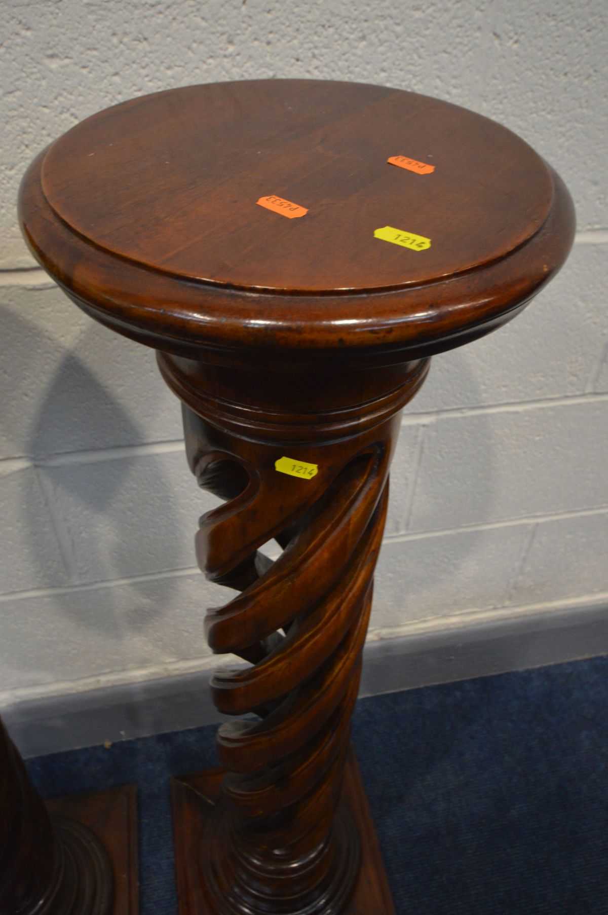 A PAIR OF MODERN MAHOGANY TORCHERE STANDS, circular tops on an open barley twist support and - Image 2 of 3