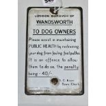 METAL INFORMATION SIGN, issued by the London Borough of Wandsworth in the 1960's to Dog Owners, '