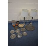 A QUANTITY OF METALWARE, to include a large pewter plate, seven various smaller pewter platers, a