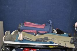 A PAIR OF ANGLING CENTRE WADERS size 11-12, a set of Snowbee Waders size 3 and a golf bag containing