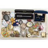 A TRAY OF MISSCELLANEOUS ITEMS, to include a pair of silver and onyx cufflinks, hallmarked