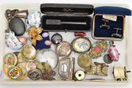 A TRAY OF MISSCELLANEOUS ITEMS, to include a pair of silver and onyx cufflinks, hallmarked