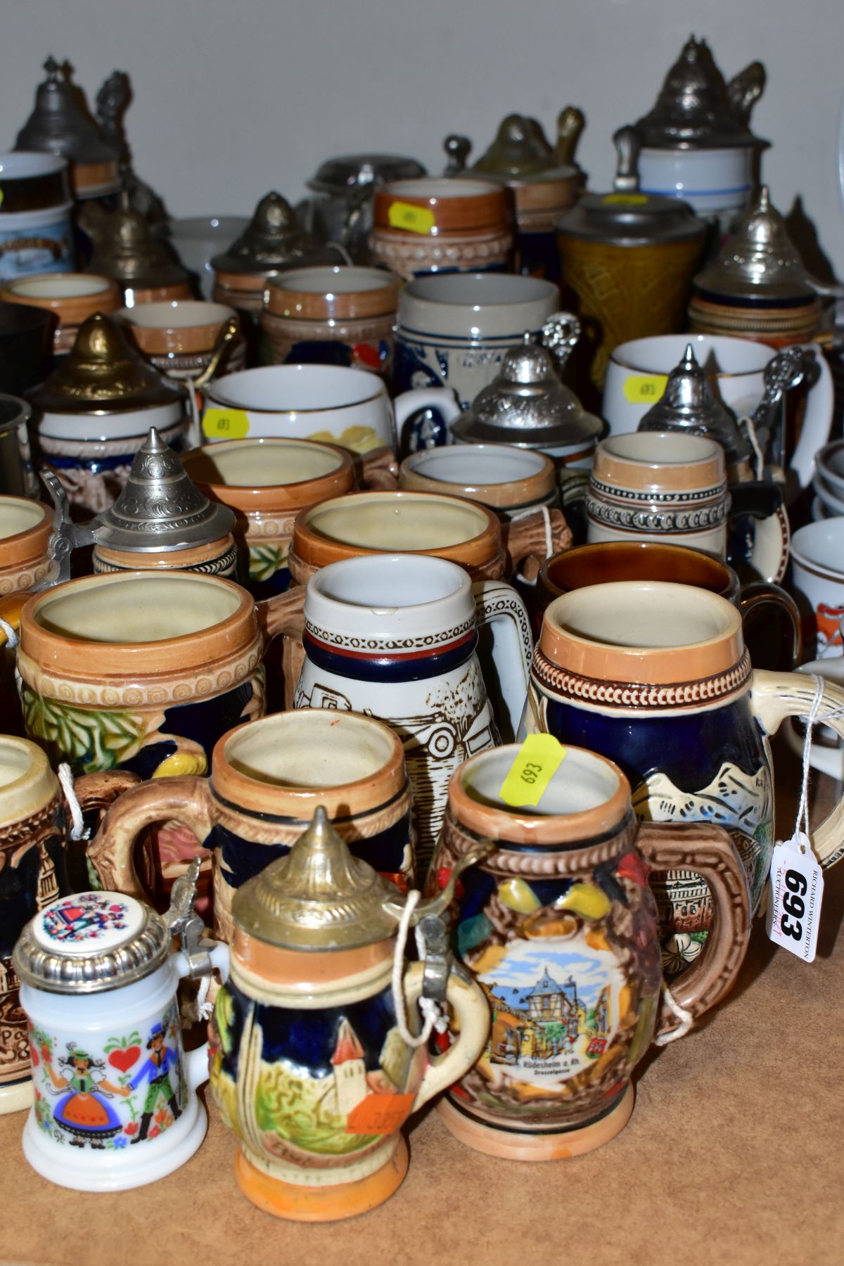 A GROUP OF STEINS, TANKARDS AND EPNS TANKARDS, including a pair of German milk glass miniature - Image 3 of 8