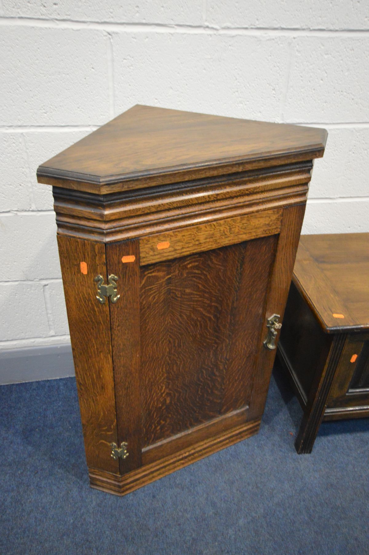 AN OAK TRIPLE PANEL BLANKET CHEST, width 107cm x depth 45cm x height 51cm along with an oak - Image 3 of 3