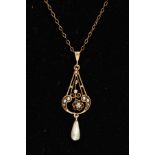 A VICTORIAN DIAMOND AND PEARL PENDANT NECKLACE, openwork yellow metal pendant set with split pearls,