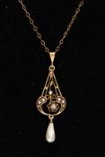 A VICTORIAN DIAMOND AND PEARL PENDANT NECKLACE, openwork yellow metal pendant set with split pearls,