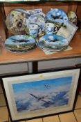 TEN COLLECTORS PLATES, TWO COLLECTORS MUGS AND A PRINT, including seven Royal Doulton Bradex 'Heroes