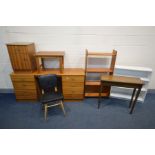 A TEAK DRESSING TABLE with a matching bedside cabinet, black faux leather chair, occasional table,