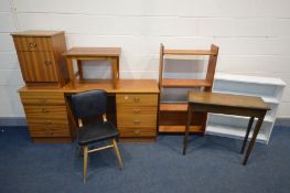 A TEAK DRESSING TABLE with a matching bedside cabinet, black faux leather chair, occasional table,