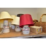 TABLE LAMPS AND WICKER BASKETS, ETC, comprising of three Nicholas Mosse pottery lamps with shades,