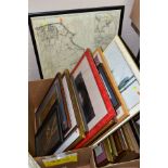 THREE BOXES OF PAINTINGS AND PRINTS, ETC, to include landscape watercolours, topographial prints,