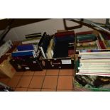 BOOKS & MAGAZINES, four boxes of books and one box of magazines to include 50 Antique Guides (