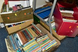 BOOKS, six boxes containing approximately 120 titles including 'Biggles' paperbacks, Haynes Manuals,