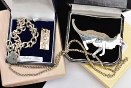 A SELECTION OF SILVER ITEMS, to include a polished brooch in the form of a cat, hallmarked 'Keith