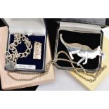 A SELECTION OF SILVER ITEMS, to include a polished brooch in the form of a cat, hallmarked 'Keith