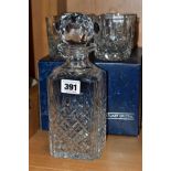 A STUART CRYSTAL SHAFTESBURY PATTERN SQUARE DECANTER WITH STOPPER AND TWO BOXED PAIRS OF MATCHING