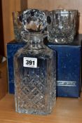 A STUART CRYSTAL SHAFTESBURY PATTERN SQUARE DECANTER WITH STOPPER AND TWO BOXED PAIRS OF MATCHING