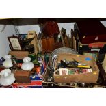 BOXES AND LOOSE OF MISCELLANEOUS ITEMS, including books, vinyl records, pictures, three wooden cases