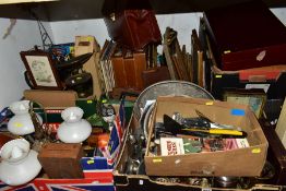 BOXES AND LOOSE OF MISCELLANEOUS ITEMS, including books, vinyl records, pictures, three wooden cases