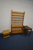 A MODERN PINE SINGLE BEDSTEAD, along with a pine bedside cabinet and oak drinks trolley (3)