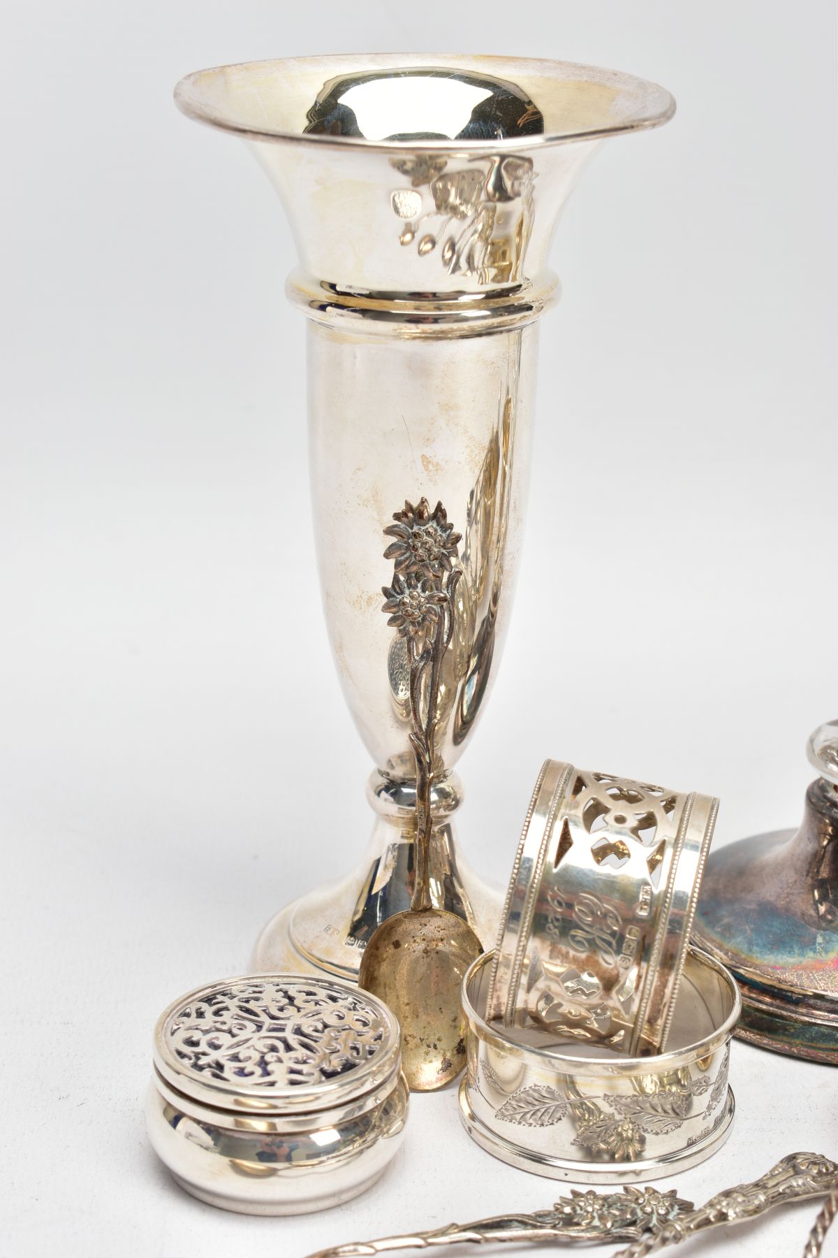 A SELECTION OF SILVERWARE, to include a silver bud vase, a further glass and silver bud vase, both - Image 5 of 8