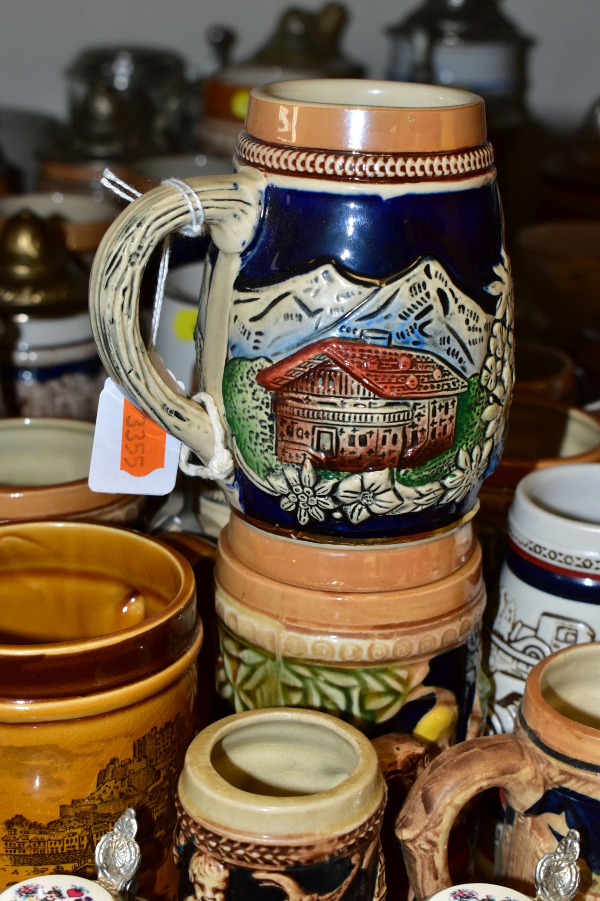A GROUP OF STEINS, TANKARDS AND EPNS TANKARDS, including a pair of German milk glass miniature - Image 5 of 8