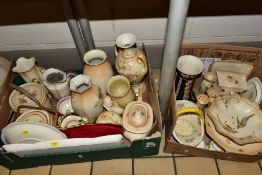 A BOX AND LOOSE OF CROWN DUCAL BLUSH IVORY POTTERY, ETC, including two biscuit barrels with wicker