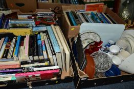 FIVE BOXES AND LOOSE CERAMICS, GLASS, BOOKS, CLOCKS, ETC, to include miscellaneous book titles, a '