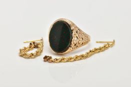 A GENTS 9CT GOLD SIGNET RING AND A PAIR OF YELLOW METAL ROPE TWIST EARRINGS, designed with an oval