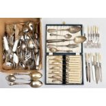 A BOX OF ASSORTED FLATWARE, to include a cased set of twelve EPNS fish knives and forks fitted