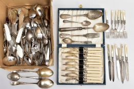 A BOX OF ASSORTED FLATWARE, to include a cased set of twelve EPNS fish knives and forks fitted