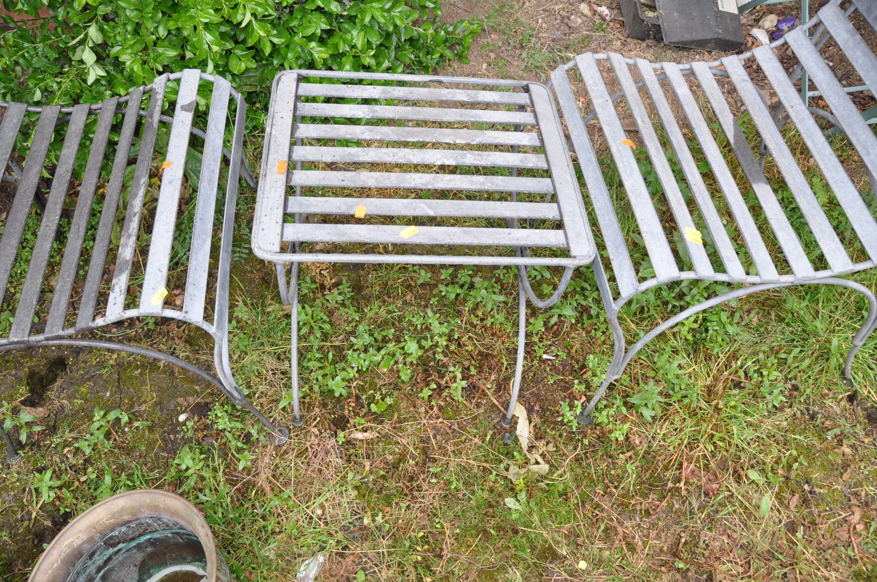 A PAIR OF GALVANISED METAL GARDEN CHAIRS AND MATCHING OCCASSIONAL TABLE, with flat bar slatted - Image 3 of 3