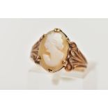 A 9CT GOLD CAMEO RING, the oval cameo depicting a lady in profile, to the tapered scroll design